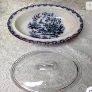 Antique, Flow Blue Willow, E.M. Co., England, 11.5in x 8.5in Lidded Bowl-Tureen